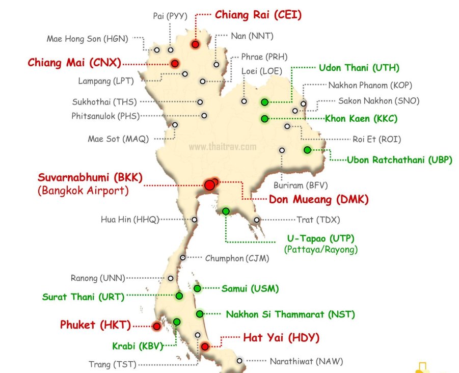 Thaiföld repülőtereinek térképe